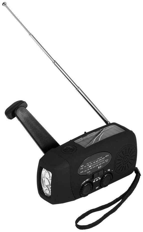 fosa Emergency Solar Hand Autoamplificado Crank Dynamo Am/FM/WB Radio meteorológica Linterna LED Cargador Portátil Banco de Energía para iPhone/Teléfono Inteligente(Black)