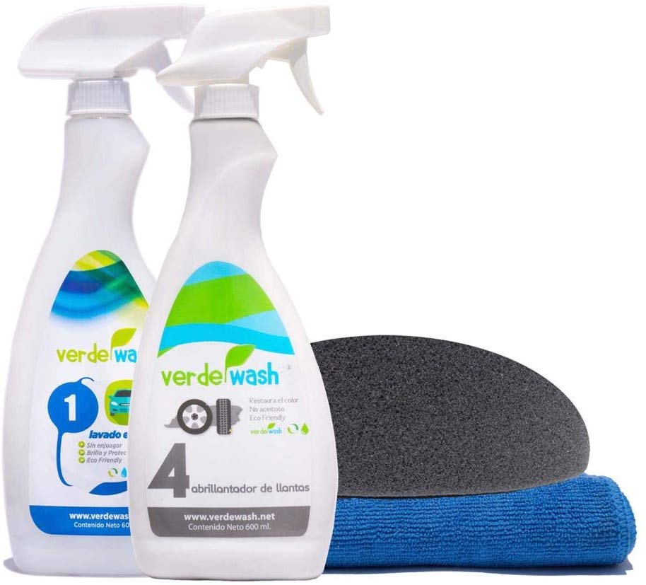 Verde Wash Kit 1 Lavado en Seco Auto Abrillantador de Llantas Toalla Microfibra Esponja Eco Friendly